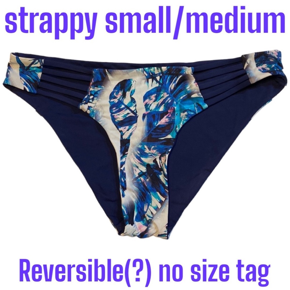 ♥️ S/M REVERSIBLE Strappy Front Hips Navy Blue Watercolor Leaf Reversible Small